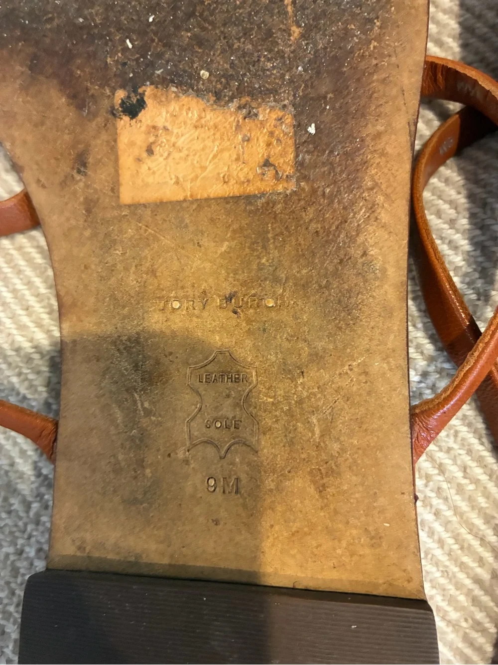 Tory Burch Cognac Leather Logo Thong Sandals